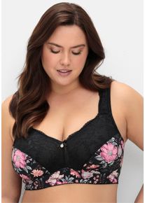 sheego Witt Damen BH ohne B&uuml;gel mit Bl&uuml;ten-Print, schwarz-bedruckt, Gr&ouml;&szlig;e 90B, 82% Polyamid, 18% Elasthan. Spitze: 90% Polyamid, 10% Elasthan. Netzmaterial: 