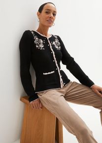 Joli gilet en maille bavarois avec broderie en noir, Taille 56/58 (3XL), Couleur/Motif: noir/rose clair floral, bonprix