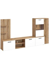 CARRYHOME Wohnwand , Weiss, Eichefarben , Glas, Holzwerkstoff , 4-teilig , 9 F&auml;cher , 250x135x38 cm , Wohnzimmer, Wohnw&auml;nde, Komplette Wohnw&auml;nde