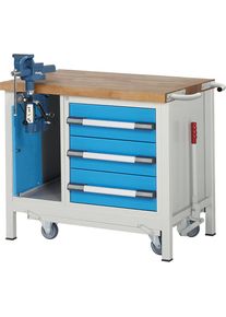 Fahr- und absenkbare Werkbank, Gestellbauweise Serie 8000, 3 Schubladen, Klapplift-Schraubstock, BxT 1000 x 700 mm eurokraft pro