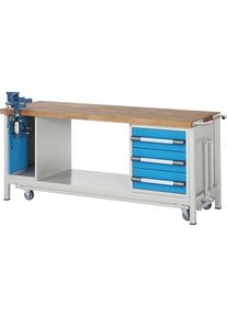 Fahr- und absenkbare Werkbank, Gestellbauweise Serie 8000, 3 Schubladen, Klapplift-Schraubstock, BxT 2000 x 700 mm eurokraft pro