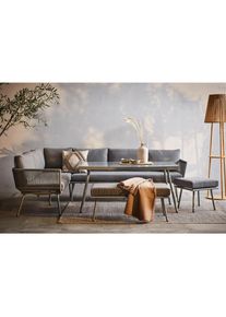Ambia Garden Dining-Loungeset , Grau , Metall, Kunststoff, Glas, Textil , 5-teilig , F&uuml;llung: Polyester,Schaumstoff , 252x190 cm , Tisch mit Glasplatte, Hocker umfunktionierbar zu Tisch , Gartenm&ouml;bel, Gartengarnituren, Gartenm&ouml;bel-Sets