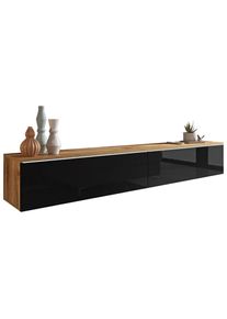P & B Lowboard , Eiche Wotan, Schwarz Hochglanz , Kunststoff , kaltweiss , 180x30x33 cm , Fsc, Made in EU , stehend, h&auml;ngend, Beleuchtung, in verschiedenen Holzdekoren erh&auml;ltlich , Wohnzimmer, TV M&ouml;bel, Lowboards, Lowboards stehend
