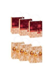 TSI Geschenkt&uuml;ten Set Serie 4, 3 x Motiv &bdquo;Schneeflocken und Weihnachtskugeln&ldquo;/3 x Motiv Schneeflocken mit roter Schleife&ldquo;, Kraftpapier, farbsortiert