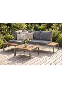 Ambia Garden Loungegarnitur , Braun, Grau, Teakfarben , Holz, Metall , Akazie , vollmassiv , F&uuml;llung: Faserb&auml;llchen,Komfortschaum , L-Form, einzeln stellbar , 207x138 cm , Fsc, Bsci , Gartenm&ouml;bel, Loungem&ouml;bel, Gartenlounge-Sets