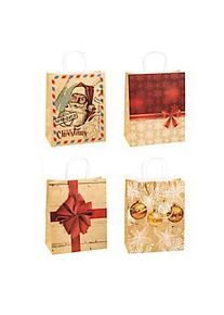 Geschenkt&uuml;ten Weihnachten TSI Serie 4, 4 verschiedene Motive, gross, B 260 x T 135 x H 320 mm, 100 % recycelbar, Kraftpapier, beige-rot, 12 St&uuml;ck