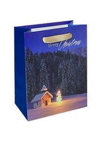 Geschenktasche Sigel Christmas Chapel, Weihnachts-Motiv, Bodeneinlage, Seidenbandgriffe, B 180 x T 100 x H 230 mm, Weisskarton/Kunststoff, blau, 1 St&uuml;ck