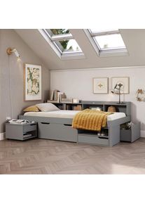 P & B Stauraumbett , Grau , Holz, Holzwerkstoff , Kiefer,Kiefer , massiv,massiv , 10 F&auml;cher , 4 Schublade(n) Schubladen , 90x200 cm , FSC MIX , mit Schubk&auml;sten , Baby- und Kinderm&ouml;bel, Kinderzimmer & Jugendzimmer, Kinderbetten
