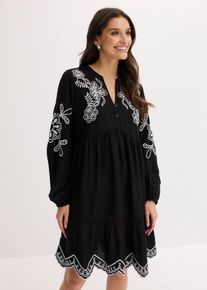 Tunika-Kleid aus flie&szlig;ender Viskose mit Stickerei in schwarz, Gr&ouml;sse 52, bonprix