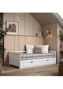 P & B Ausziehbett , Weiss , Holzwerkstoff, Holz , Kiefer,Kiefer , massiv, Sperrholz,massiv, Sperrholz , 200x90 cm , FSC MIX , Bettkasten, Lattenrost, mit Schubk&auml;sten , Baby- und Kinderm&ouml;bel, Kinderzimmer & Jugendzimmer, Kinderbetten, Ausziehbetten