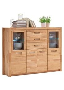 Mid.you Highboard , Buchefarben , Holz, Glas , Kernbuche , massiv,massiv,massiv , 5 F&auml;cher , 3 Schublade(n) Schubladen , 163x122x40 cm , Beim&ouml;bel erh&auml;ltlich, Beleuchtung , Kleinm&ouml;bel, Kommoden, Highboards