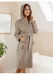 feel good Witt Damen Bademantel mit Pf&ouml;tchen-Print und Dackel-Stickerei, beige-schwarz, Gr&ouml;&szlig;e 36/38, 100% Baumwolle