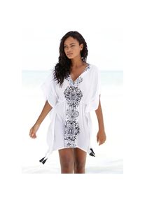 Buffalo, Unisex, Tunika aus gekreppter Viskose, Blusenkleid, Strandmode, transparent, wei&szlig;, schwarz, bedruckt, 32/34, Tiefer V-Ausschnitt