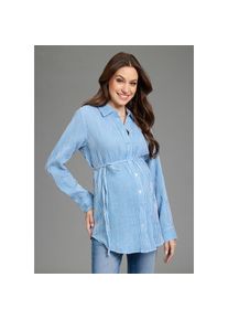 Neun Monate, Unisex, Umstandsshirt &raquo;Umstands-Bluse, Musselin, Streifenbluse&laquo; mit Blusenkragen, mit Bindeb&auml;ndern, mit Knopfleiste, lang&auml;rmlig, blau 