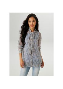 Aniston Selected, Unisex, Aniston SELECTED Langarmbluse mit Schluppe und minimalen Bl&uuml;mchenmuster, hellblau, beige, blau, oliv, 42, Bluse mit 