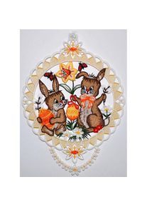 Stickereien Plauen, Fensterbild &raquo;Fensterbild Hasenp&auml;rchen&laquo; Echte Plauener Spitze, bunt, Polyester