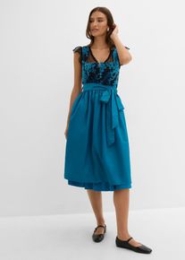 Dirndl midi avec velours (ens. 2 pces) en p&eacute;trole, Taille 40, Couleur/Motif: p&eacute;trole/noir motif, bonprix