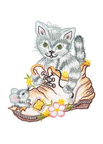 W. Reuter & Sohn - Plauener Spitze, Fensterbild &raquo;Fensterbild "Katze im Schuh" farbig&laquo;, bunt, Polyester