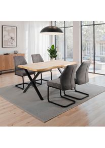 Hela, Hela Essgruppe &raquo;ILLER Tisch 140x90 cm&laquo; Set, 5 tlg. 5tlg., Baumkante 46mm, X-Gestell, Schwingstuhl, Federkorb, wildeiche, schwarz, vintage 