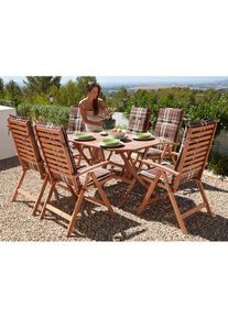Merxx, Merxx Garten-Essgruppe &raquo;Borkum&laquo; 6x Sessel, inkl. Sitz- und R&uuml;ckenkissen, 1x Klapptisch 135x85 cm, 13 Stk. tlg. Eukalyptusholz, FSC Mix, 