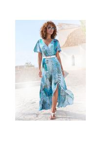 Buffalo, Unisex, Maxikleid &raquo;mit Alloverdruck und Volantrock, Fl&uuml;gel&auml;rmel&laquo; Jerseykleid, Animalkleid, Sommerkleid im Vokuhila-Schnitt, Druckkleid, blau 