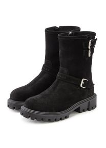 ELBSAND, Unisex, Stiefelette &raquo;Stiefel, Boots, Bikerboots, Lederstiefelette, Lederboots&laquo; aus Leder mit trendigen Zierschnallen, schwarz, 37, 