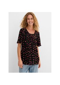bonprix, Unisex, bonprix Tunika weite Passform, mit Schn&uuml;rung am Ausschnitt, Kurzarm-Design, schwarz gebl&uuml;mt, 36, Weite Tunika mit angenehmem 