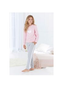 Buffalo, Unisex, Pyjama 2 tlg. langer Schlafanzug, unifarben mit Herzdruck, aus Baumwolle, rosa, grau, meliert, 134/140, Pyjama im Set in unifarben 