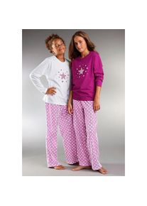 Petite Fleur By Lascana, Unisex, petite fleur by Lascana Pyjama 4 tlg. langer Schlafanzug mit Sternendruck, aus Baumwolle, wei&szlig;, beere, 122/128, 