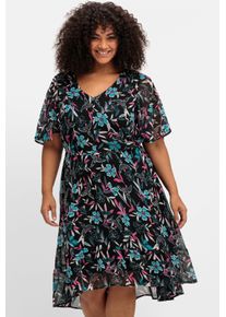 sheego by Joe Browns Witt Damen Chiffonkleid mit Blumendruck und Fl&uuml;gel&auml;rmeln, schwarz-gemustert, Gr&ouml;&szlig;e 54, 100% Polyester