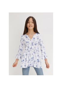 bonprix, Unisex, bonprix Longtunika eleganter Look, Regular Fit, 3/4-&Auml;rmel, mit Alloverprint, wei&szlig;, k&ouml;nigsblau gebl&uuml;mt, 152/158, Longtunika bietet dir