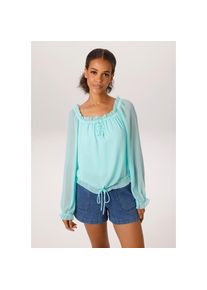 Aniston Casual, Unisex, Aniston CASUAL Schlupfbluse aus strukturiertem Chiffon, aqua, 42, Transparente Bluse mit R&uuml;schen am kleinen Cut-Out
