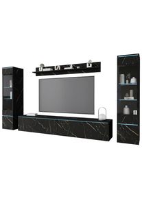 P & B Wohnwand , Schieferfarben , Kunststoff , 4-teilig , 6 F&auml;cher , kaltweiss , 240x130x33 cm , Fsc, Made in EU , stehend, h&auml;ngend, Beleuchtung, in verschiedenen Holzdekoren erh&auml;ltlich , Wohnzimmer, Wohnwand, Komplette Wohnwand