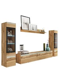 P & B Wohnwand , Eiche Wotan , Kunststoff , 4-teilig , 6 F&auml;cher , kaltweiss , 240x130x33 cm , Fsc, Made in EU , stehend, h&auml;ngend, Beleuchtung, in verschiedenen Holzdekoren erh&auml;ltlich , Wohnzimmer, Wohnwand, Komplette Wohnwand