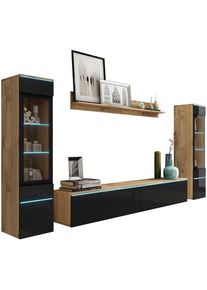 P & B Wohnwand , Eiche Wotan, Schwarz Hochglanz , Kunststoff , 4-teilig , 6 F&auml;cher , kaltweiss , 240x130x33 cm , Fsc, Made in EU , stehend, h&auml;ngend, Beleuchtung, in verschiedenen Holzdekoren erh&auml;ltlich , Wohnzimmer, Wohnwand, Komplette Wohnwand