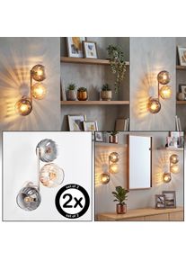hofstein Moderne Kugel-Wandleuchte Koyoto im 2er-Set mit vertikaler 3er-Anordnung in Klar, E14 Riffelglas in Bernstein und Rauch, Metall in Sand, 25 Watt