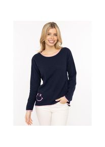 Zwillingsherz, Unisex, Rundhalspullover &raquo;"Happy Face"&laquo; Stickerei, aufgerollte kontrastfarbige B&uuml;ndchen, marine, M, Strickpullover von Zwillingsherz