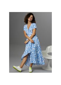 Aniston Casual, Unisex, Aniston CASUAL Wickelkleid mit graphischen Bl&auml;tterdruck, blau, wei&szlig;, 38, N-Gr, Unisexkleid mit Volant am Saum