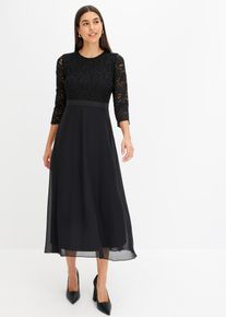Midikleid aus leichtem Chiffon mit Spitzen-Oberteil in schwarz, Gr&ouml;sse 36, bonprix