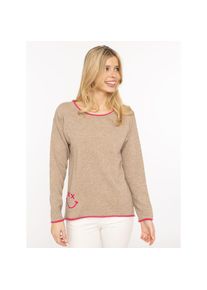 Zwillingsherz, Unisex, Rundhalspullover &raquo;"Happy Face"&laquo; Stickerei, aufgerollte kontrastfarbige B&uuml;ndchen, beige, S, Strickpullover von Zwillingsherz