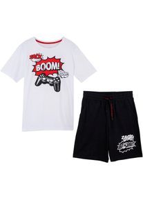 bonprix, Unisex, bonprix T-Shirt & Bermudas Set, 2 bequeme Passform, mit kurzem &Auml;rmel, mit Gaming-Print, aus Baumwolle, wei&szlig;, schwarz bedruckt, 164/