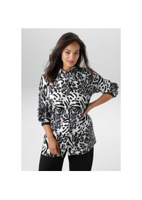 Aniston Plus, Unisex, Aniston PLUS Hemdbluse in trendigen Animal Dessin, grau, wei&szlig;, schwarz, 46, Durchgekn&ouml;pfte Bluse aus weich fallender Viskose