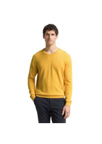Tom Tailor, Unisex, Tom Tailor V-Ausschnitt-Pullover mit kleiner Logo-Stickerei, classic gelb melange, XL, Pullover von Tom Tailor