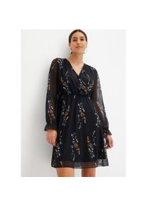 bonprix, Unisex, bonprix Minikleid mit langem Arm, V-Ausschnitt, Wickel-Optik, mit floralem Print, schwarz gebl&uuml;mt, 48/50 (XL), N-Gr, Bequeme Passform