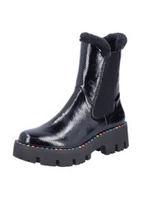 Rieker, Unisex, Winterstiefelette Plateauboots, Winterboots, Lack-Stiefelette mit buntem Sohlenrand, schwarz, 43, Chelseaboots mit Fellimitat-Besatz