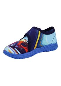 Richter, Unisex, Hausschuh &raquo;Mailo&laquo; Klettschuh, Kindergartenschuh mit Gr&ouml;ssenschablone zum Download, dunkelblau multi mit automotiv, 30, Jeder Schuh 