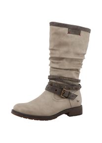 Mustang Shoes, Unisex, Winterstiefel &raquo;Elfi&laquo; Stiefel mit Zierriemchen und Blockabsatz, beige, 36, Normalschaft, Klassischer Stiefel mit Raffungen am 